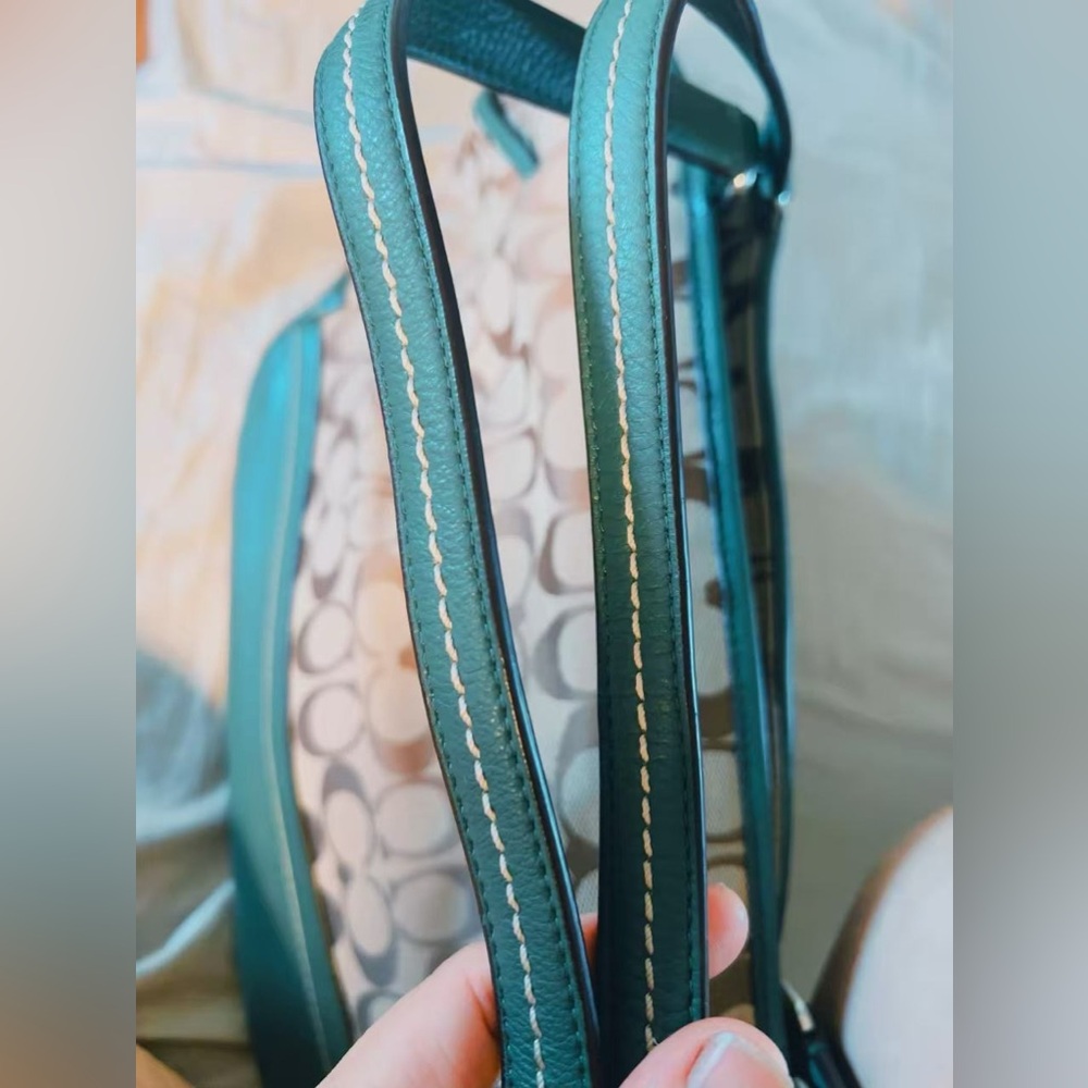 Coach Signature Canvas Leather‎ Trim Tote Shoulder Bag Brown Green Handbag - Picture 6 of 10